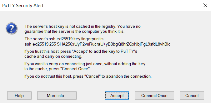 Screenshot of dialog box asking to confirm host key’s fingerprint