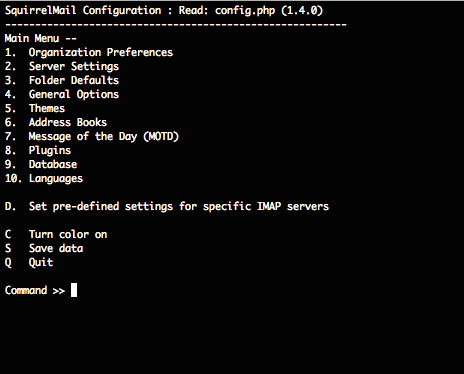 The squirrelmail-config main menu. The squirrelmail-config main menu.