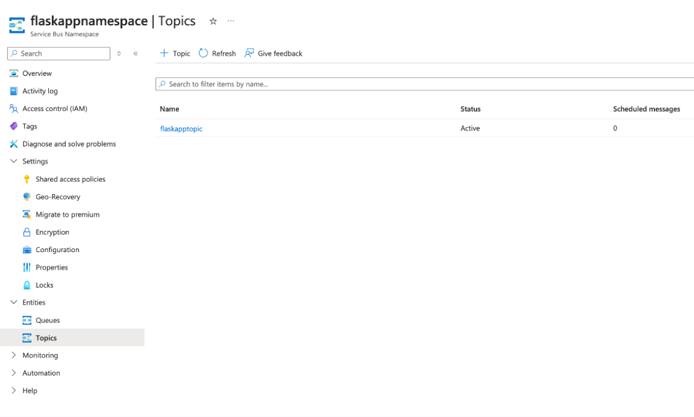 The Azure Service Bus Console UI showing current topic subscribers.