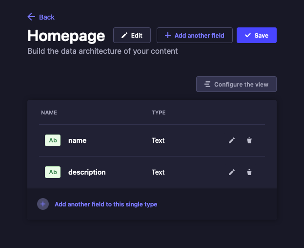 Strapi with a completed “Home” single