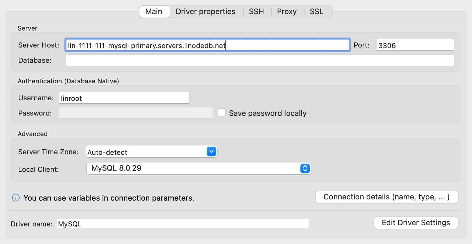 Screenshot of DBeaver’s MySQL connection settings.